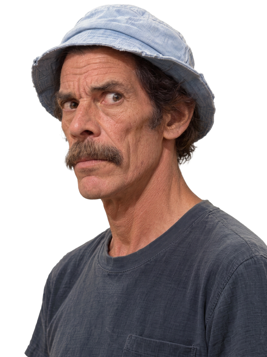 Personagem de bigode com chapéu azul